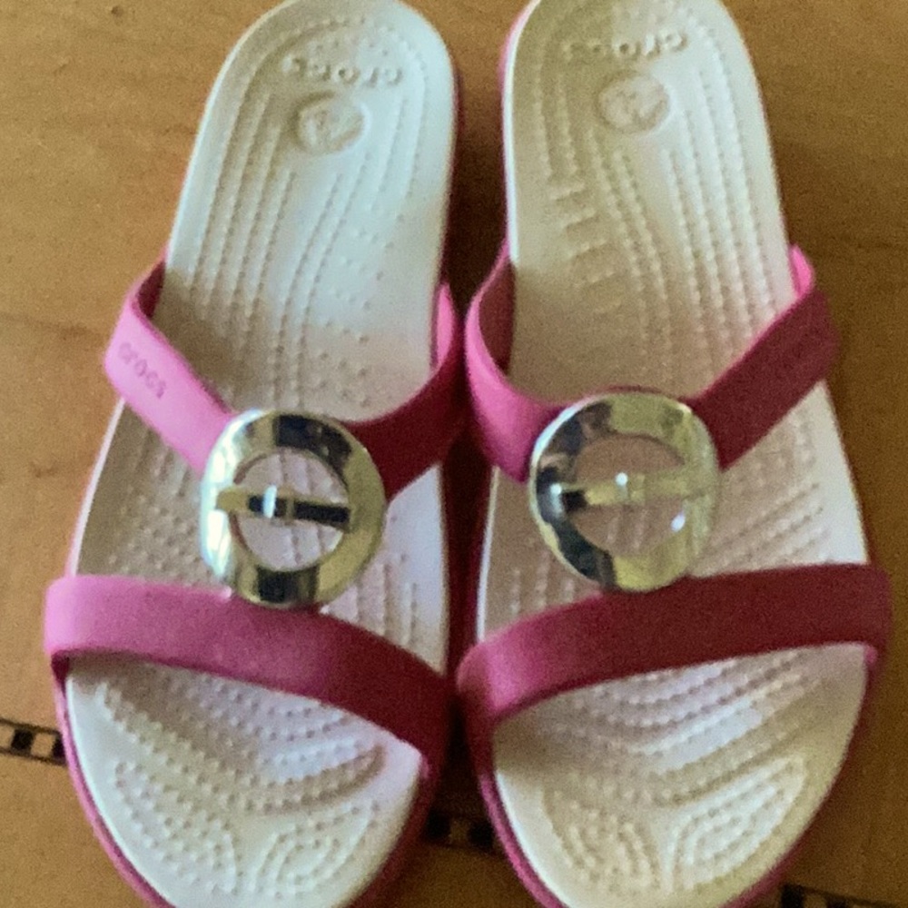 Pink Crocs Slide Sandals with Silver Buckle